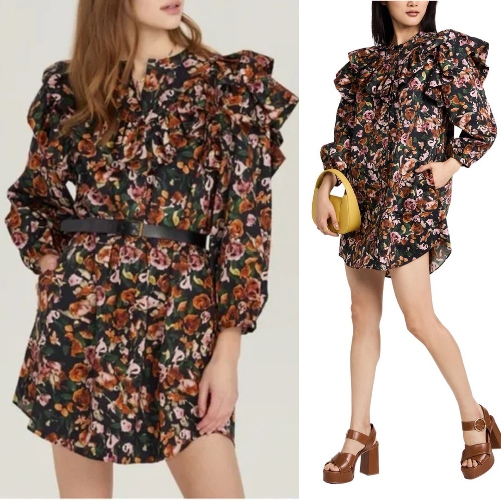 Something Navy Floral Ruffle Button-down mini Dress fall autumn small